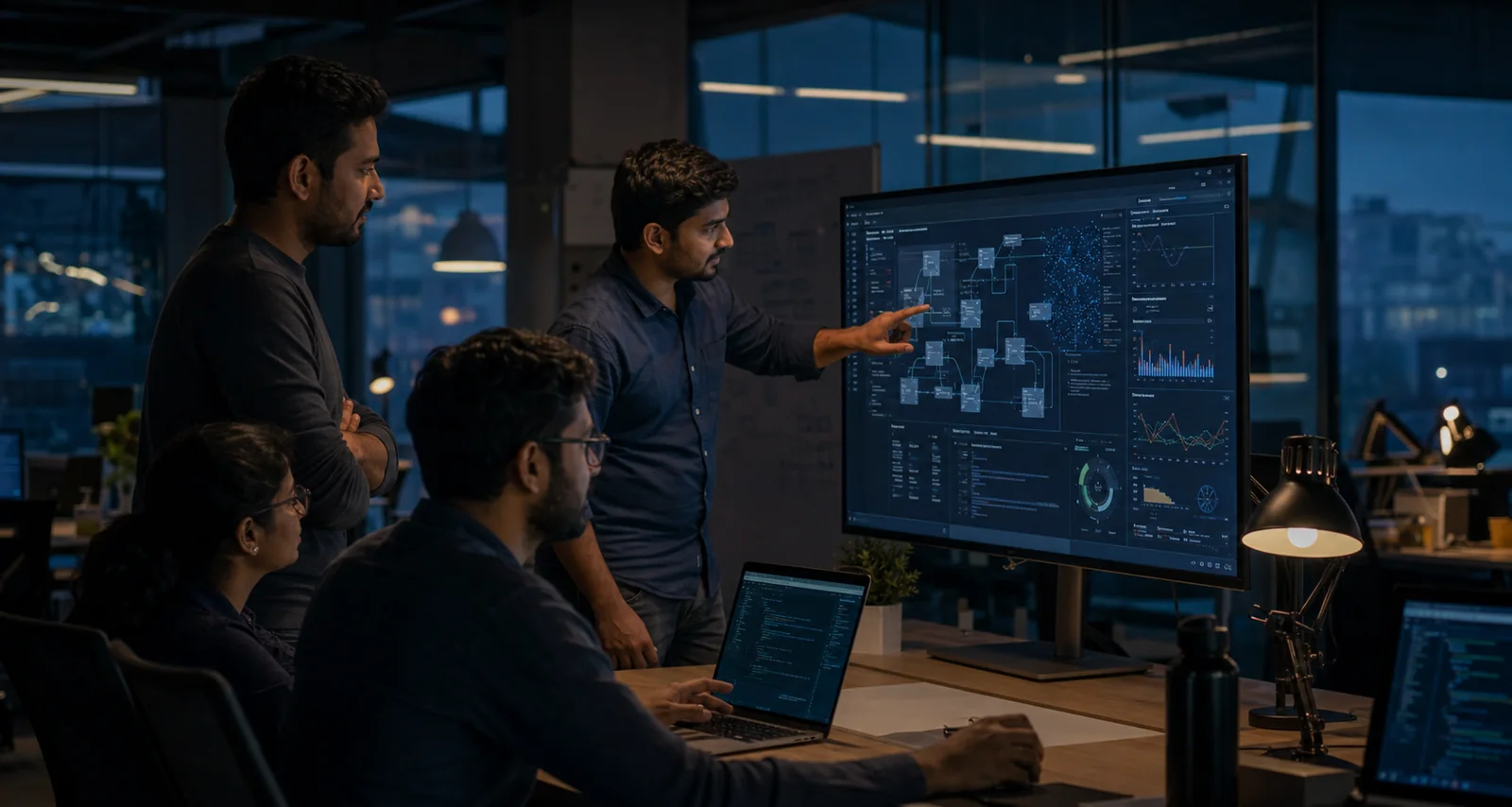 An Indian engineering team reviewing architecture and live system analytics